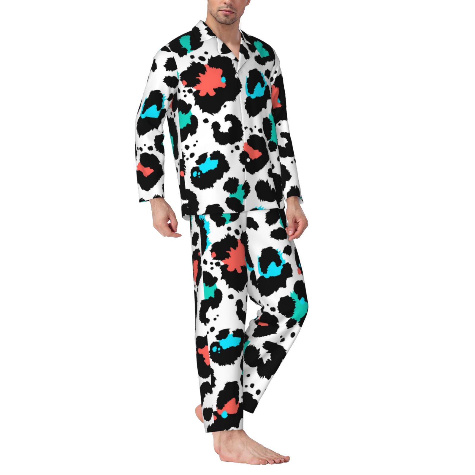 Mens Pajama Set, Long Sleeve Pjs Set Multicolor Leopard Print Sleepwear