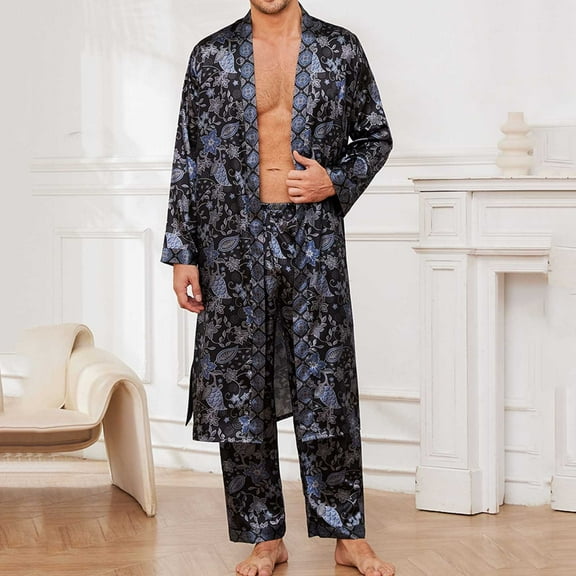 Mens Pajama Set Man Comfy Printing Simulation-Silk Home Tie Robe Pants Pajama Sets Fall Pajamas for Men Pijamas Men's Sleepwear Soft Pjs for Men Set Mens Soft Pajamas Sets