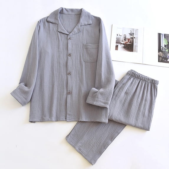 Mens Pajama Set Men Fashion Pajama Solid Casual Turndown Collar Long Sleeve Pants Set Sleepwear Fall Pajamas for Men Pijamas Men's Sleepwear Soft Pjs for Men Set