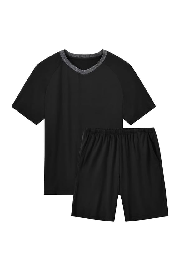 Mens Pajama Set Sleepwear Pjs Lightweight Short Sleeve Shirts Soft Breathable Fresh Sleep Sets Black L