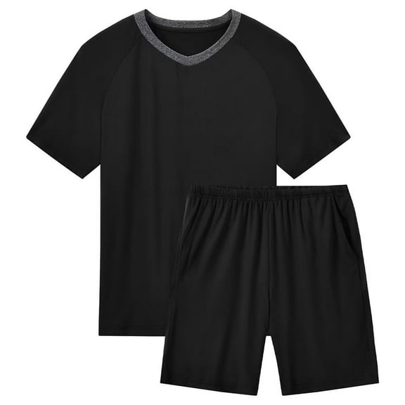 Mens Pajama Set Sleepwear Pjs Lightweight Short Sleeve Shirts Soft Breathable Fresh Sleep Sets Black XL