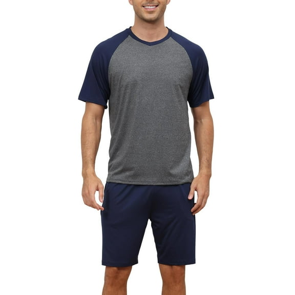 Pdbokew Pjs Men's Pajamas Set Short Sleeve Top and Shorts with Pockets Loungewear 2-Piece for Men Dark Gray with Navy Blue XL