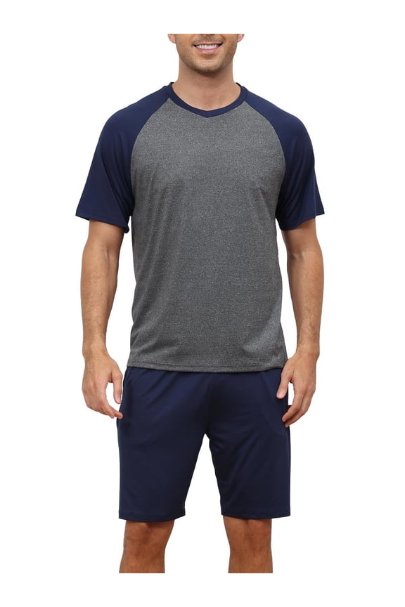 Mens Pajamas Set Lightweight Summer Pjs Sleepwear Soft Comfy Short Sleeve Loungewear Dark Gray with Navy Blue XL