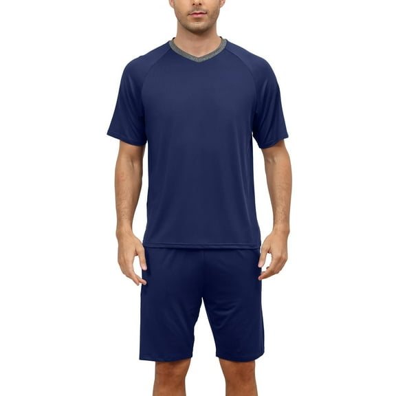 Pdbokew Pjs Men's Pajamas Set Short Sleeve Top and Shorts with Pockets Loungewear 2-Piece for Men Navy Blue XL