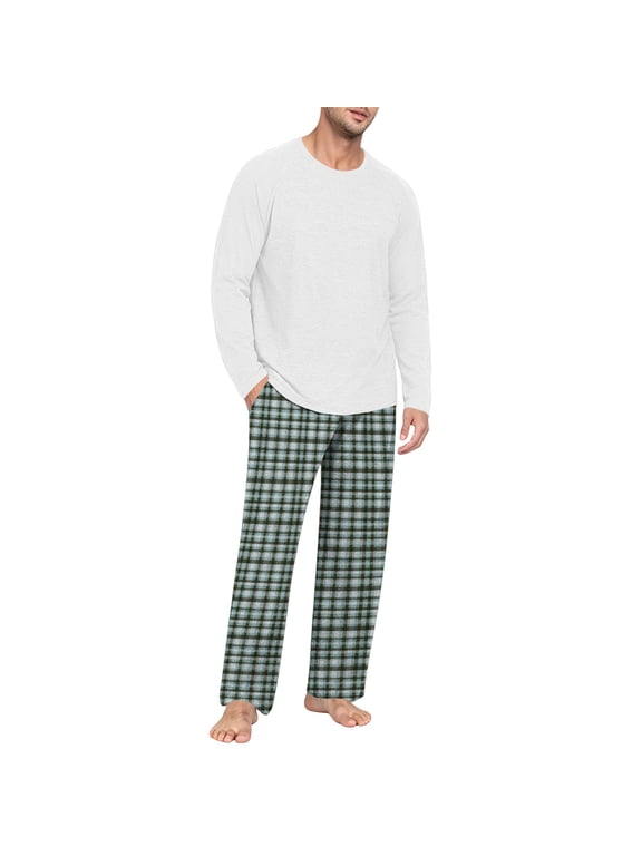 Mens Pajama Set Thermal Long Sleeve Tops and Stretchy Plaid Pants Two Piece Relaxed Fit Home Wear Soft Sleepwear Green XL