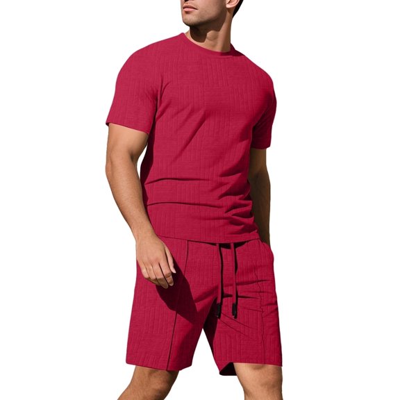 Mens Pajama Sets 2 Piece Outfits Casual Solid Color Short Sleeve Crewneck T Shirts and Straight Wide Leg Shorts with Pockets Loungewear Outfit Set