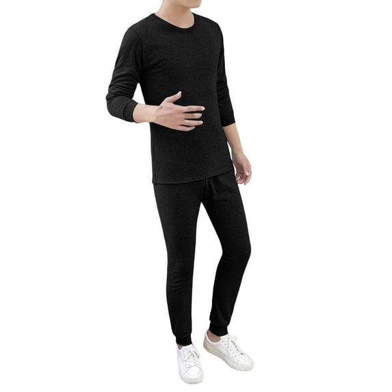 Mens Pajama Sets Autumn And Winter Thermal Underwear solid color Round Neck Long Sleeve tops with Pants Casual Thickened Two Piece Set Sleepwear Homewear,Black,XXXL