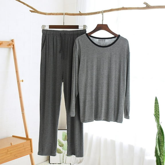 Mens Pajama Sets L-4X Plus Size Two Piece Soft Modal Loungewear Outfits Casual Solid Pajamas Long Sleeve T Shirts and Pants Homewear Set