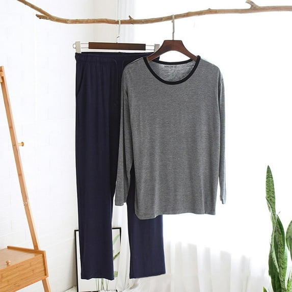 Mens Pajama Sets L-4X Plus Size Two Piece Soft Modal Loungewear Outfits Casual Solid Pajamas Long Sleeve T Shirts and Pants Homewear Set