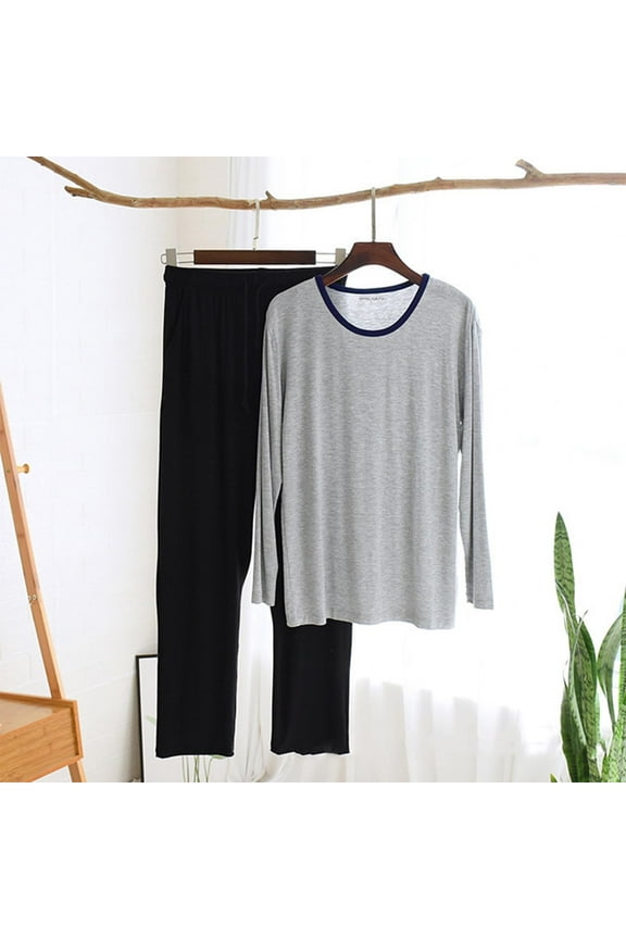 Mens Pajama Sets L-4X Plus Size Two Piece Soft Modal Loungewear Outfits Casual Solid Pajamas Long Sleeve T Shirts and Pants Homewear Set