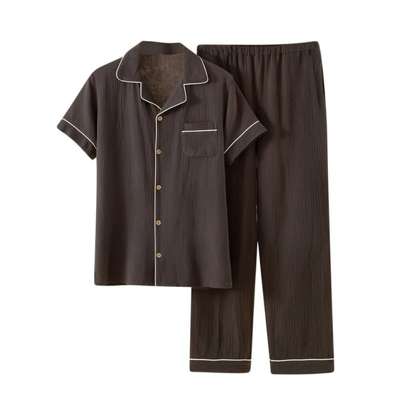 Mens Pajama Sets Lightweight 2 Piece Loungewear Outfits with Pockets Casual Solid Color Breathable Short Sleeve Shirts and Pants Sleepwear Pajamas