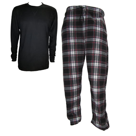 Mens Pajama Sets One Solid Top & One Plaid Bottom (S, Blk/Red)