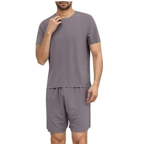 Mens Pajama Sets Summer Short Sleeve Comfy Pjs Elastic Waist Loose Shorts Lightweight Fashion Solid Color Loungewear Set