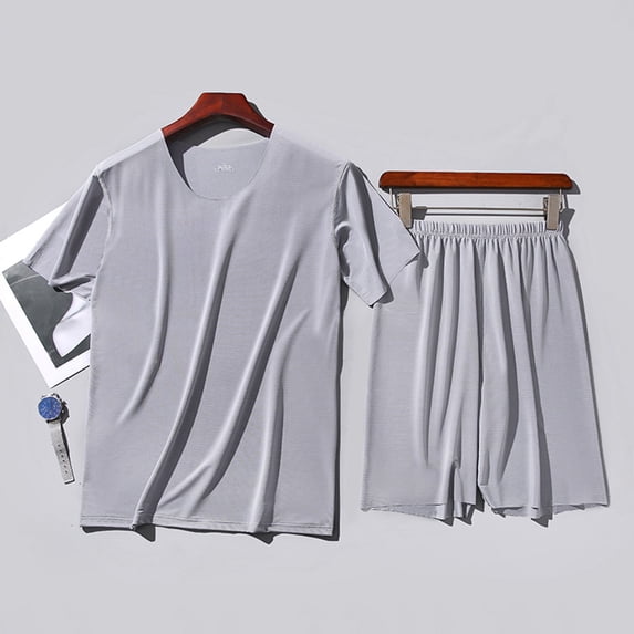 Mens Pajama Sets solid color Round Neck Short Sleeve Loose Casual Breathable Exercise Two Piece Set Sleepwear Nightwear,Gray,XXXL