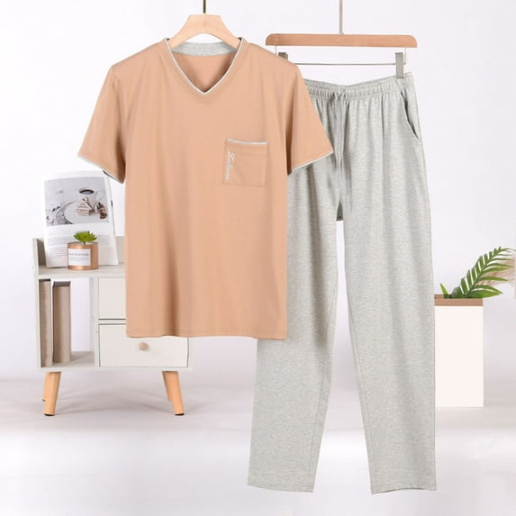 Mens Pajama Sets solid color Round Neck Short Sleeve T Shirt and pants Trousers With Pockets Loose Casual Two Piece Set Sleepwear Nightwear,Beige,XXXXL