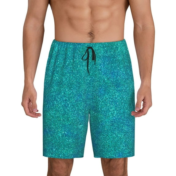 Mens Pajama Shorts, Blue Green Glitter Sleep Shorts Men Pajama Bottoms Lounge PJ Shorts with Pockets