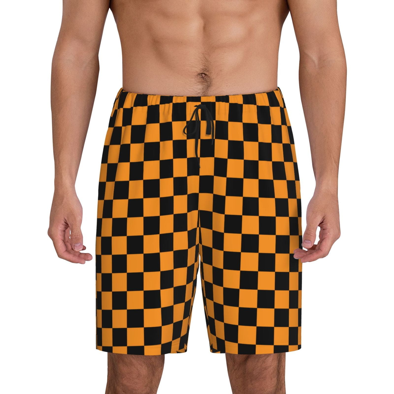Mens Pajama Shorts Bottoms with Pocket Black orange checkered Soft Pj