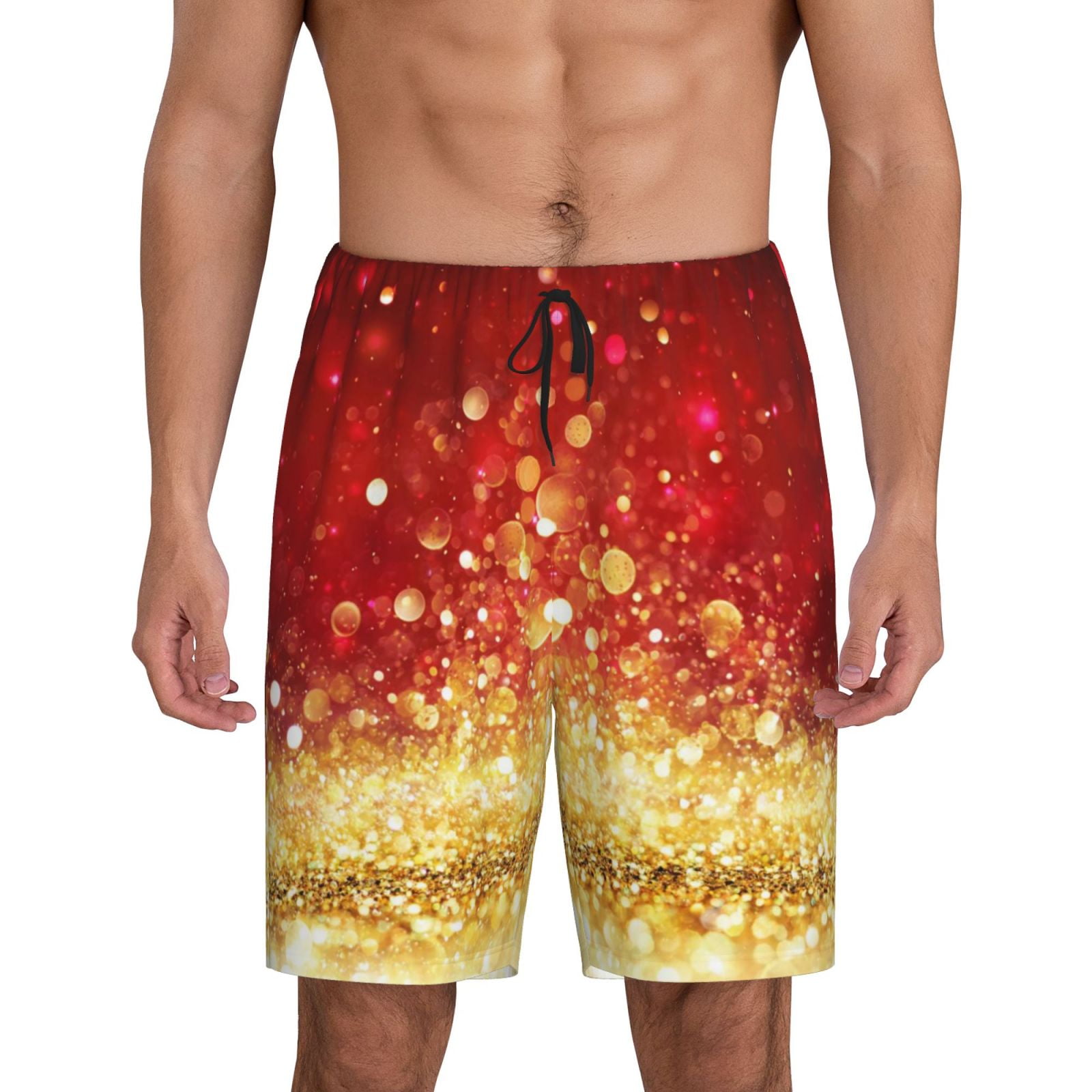 Mens Pajama Shorts Bottoms with Pocket Red Gold Glitter Soft Pj Pants