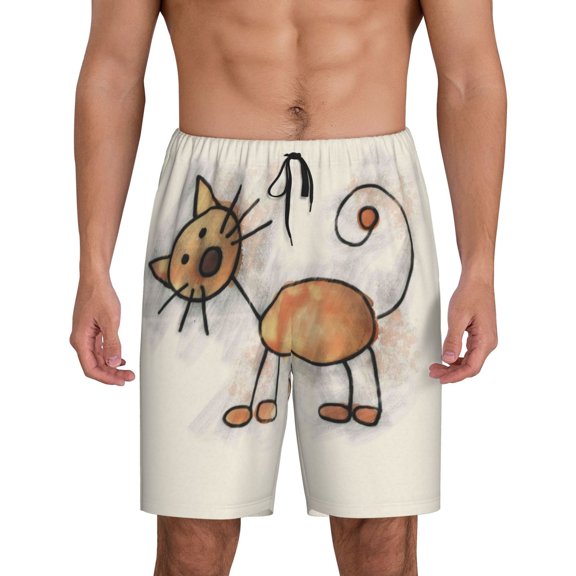 Mens Pajama Shorts, Brown Cat Cartoon Mens Sleep Lounge Shorts, Soft Comfy PJ Bottom Sleepwear with Pockets