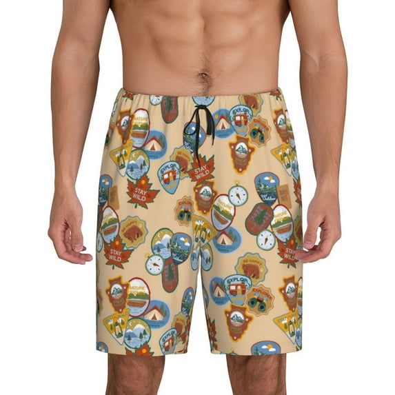 Mens Pajama Shorts, Camp Badge Sleep Shorts Men Pajama Bottoms Lounge PJ Shorts with Pockets