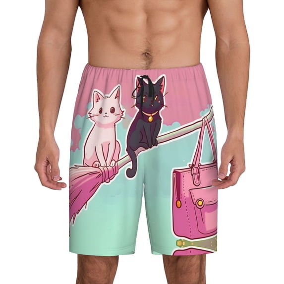 Mens Pajama Shorts, Cats On Broomstick Sleep Shorts Men Pajama Bottoms Lounge PJ Shorts with Pockets