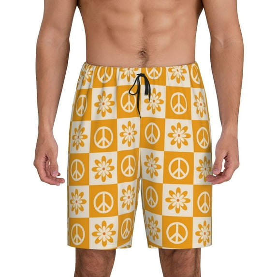 Mens Pajama Shorts, Checkered Retro Flowers peace sign Sleep Shorts Men Pajama Bottoms Lounge PJ Shorts with Pockets