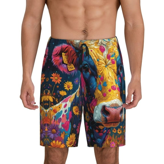 Mens Pajama Shorts, Colorful Daisy Sunflower Cow Mens Sleep Lounge Shorts, Soft Comfy PJ Bottom Sleepwear with Pockets