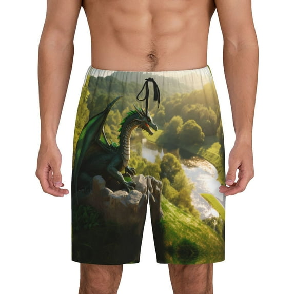 Mens Pajama Shorts, Deep Forest Stone Green Dragon Sleep Shorts Men Pajama Bottoms Lounge PJ Shorts with Pockets