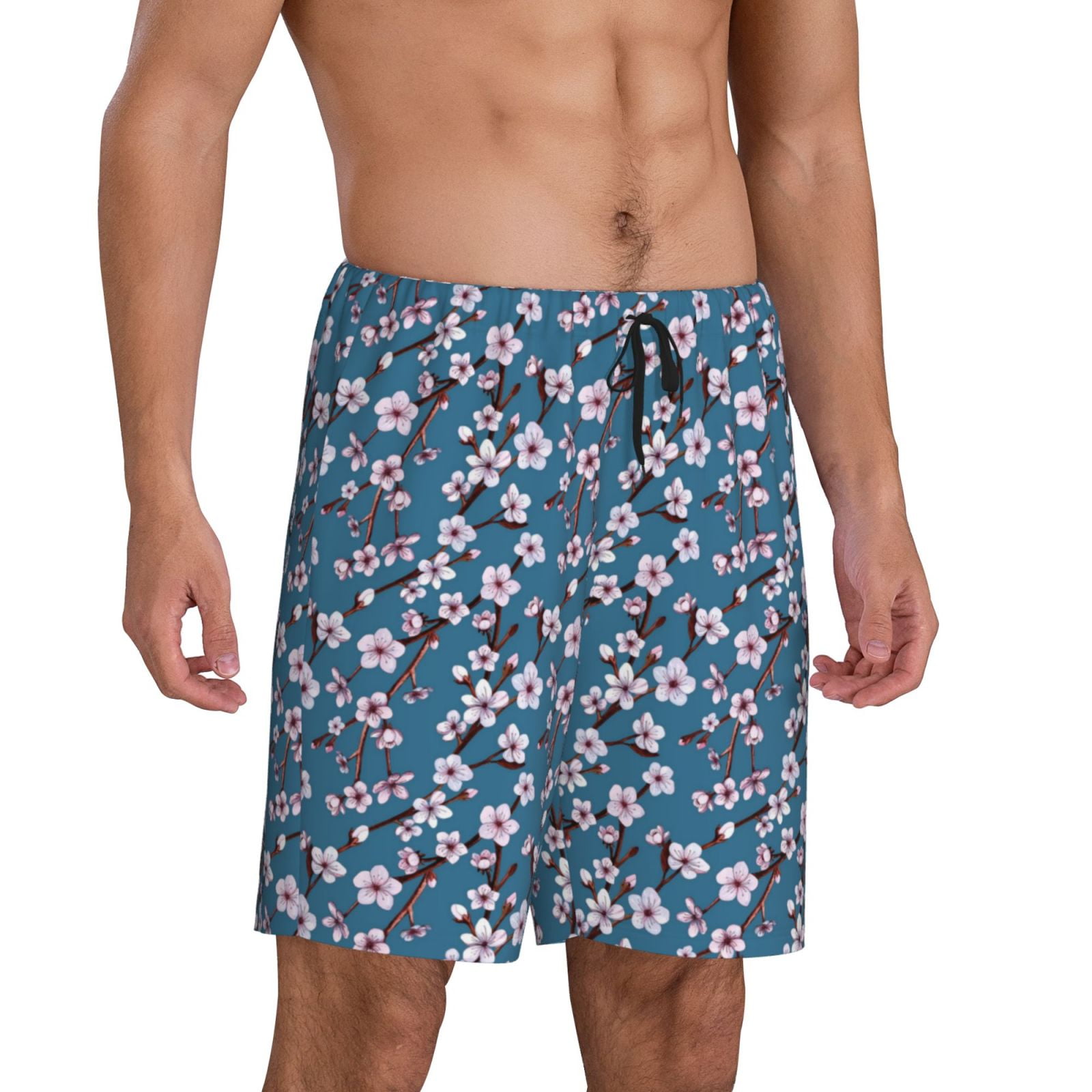 Mens Pajama Shorts, Delicate Berry Blossom Navyblue Soft Mens Sleep