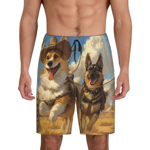 Mens Pajama Shorts, Farm Corgi German Shepherd Sleep Shorts Men Pajama Bottoms Lounge PJ Shorts with Pockets