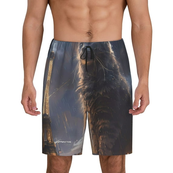 Mens Pajama Shorts, Giant Cat In Paris Rain Sleep Shorts Men Pajama Bottoms Lounge PJ Shorts with Pockets