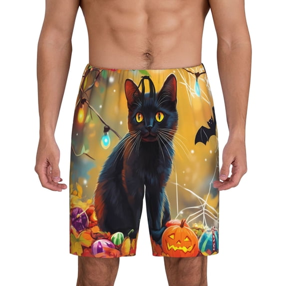 Mens Pajama Shorts, Halloween Colorful Maple Leaf Black Cat Sleep Shorts Men Pajama Bottoms Lounge PJ Shorts with Pockets