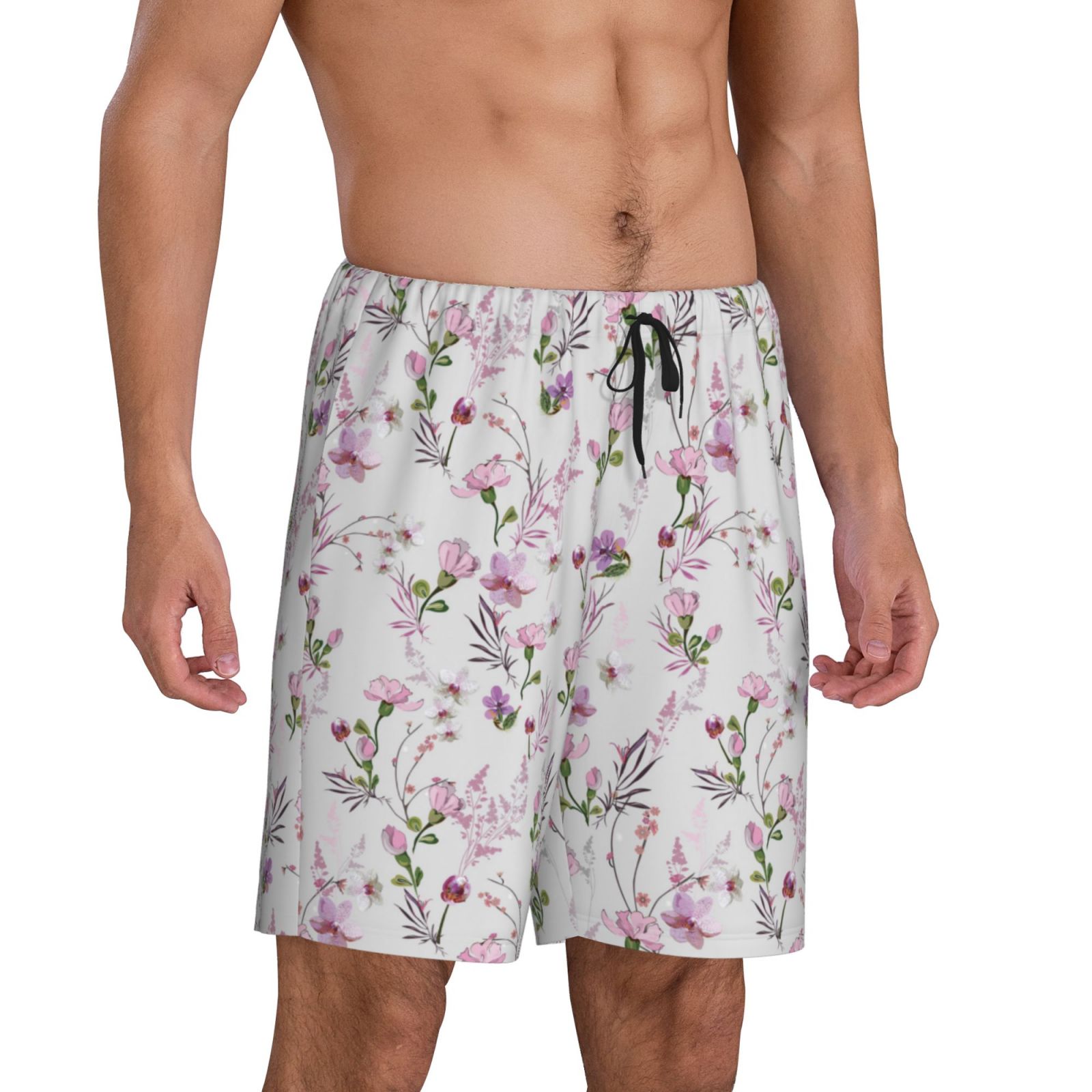 Mens Pajama Shorts Orchids Flowers Green Leaves Soft Mens Sleep