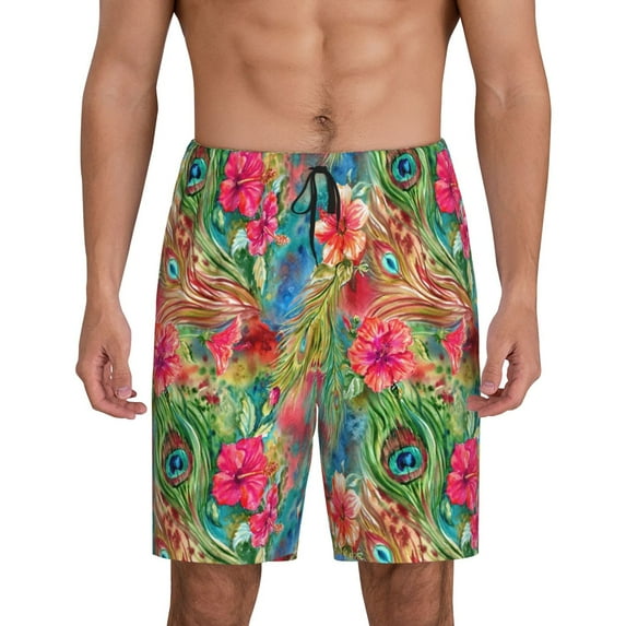 Mens Pajama Shorts, Peacock Feathers And Flowers Sleep Shorts Men Pajama Bottoms Lounge PJ Shorts with Pockets