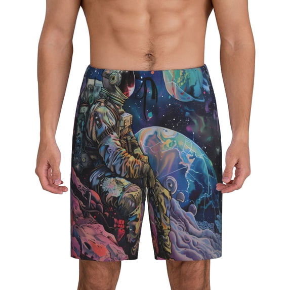 Mens Pajama Shorts, Rainbow Astronaut Space Landscape Sleep Shorts Men Pajama Bottoms Lounge PJ Shorts with Pockets