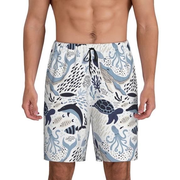 Mens Pajama Shorts, Sea Animal Elements Sleep Shorts Men Pajama Bottoms Lounge PJ Shorts with Pockets