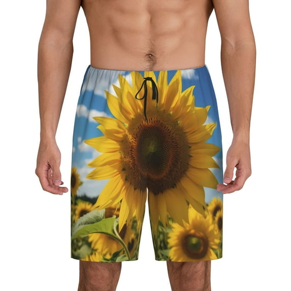 Mens Pajama Shorts, Sky Golden Sunflower Field Sleep Shorts Men Pajama Bottoms Lounge PJ Shorts with Pockets