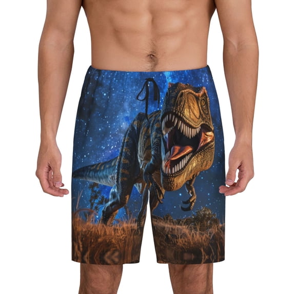 Mens Pajama Shorts, Starry Night Charging Dinosaur Sleep Shorts Men Pajama Bottoms Lounge PJ Shorts with Pockets
