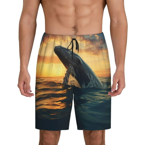 Mens Pajama Shorts, Sunset Ocean Whale Sleep Shorts Men Pajama Bottoms Lounge PJ Shorts with Pockets