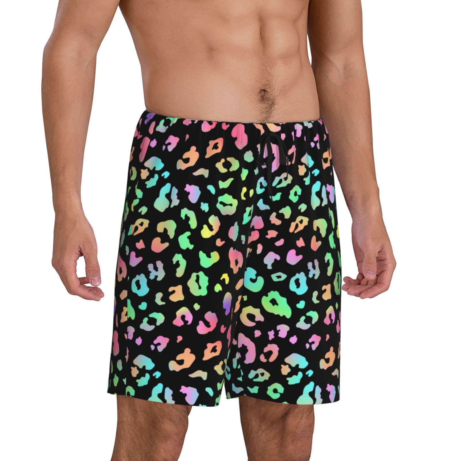 Mens Pajama Shorts, Trendy Rainbow Leopard Black Breathable Sleep