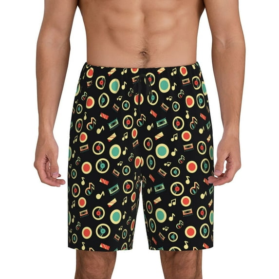 Mens Pajama Shorts, Vector Retro Music Sleep Shorts Men Pajama Bottoms Lounge PJ Shorts with Pockets
