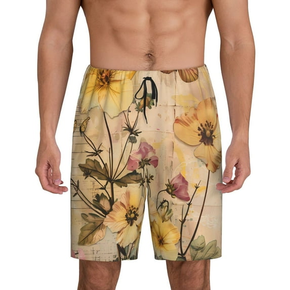 Mens Pajama Shorts, Vintage Floral Butterfly Collage Sleep Shorts Men Pajama Bottoms Lounge PJ Shorts with Pockets