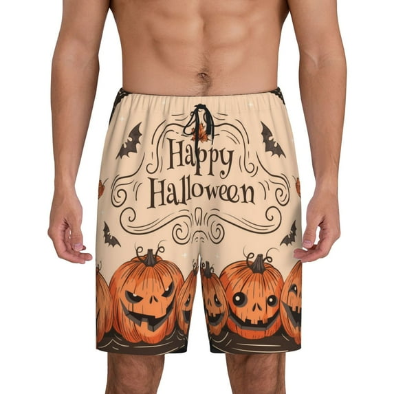 Mens Pajama Shorts, Vintage Pumpkin Halloween Greeting Sleep Shorts Men Pajama Bottoms Lounge PJ Shorts with Pockets