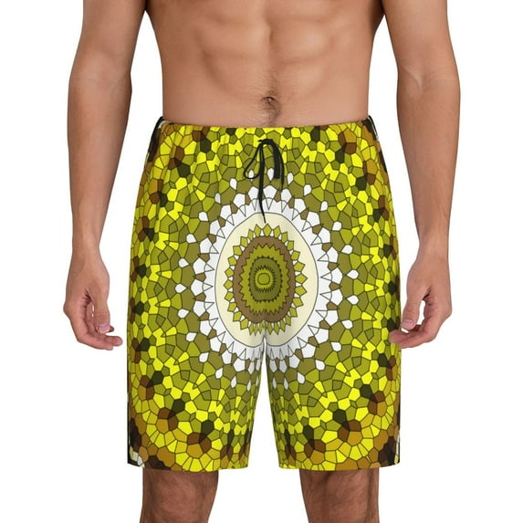 Mens Pajama Shorts, Yellow Mandala Sleep Shorts Men Pajama Bottoms Lounge PJ Shorts with Pockets