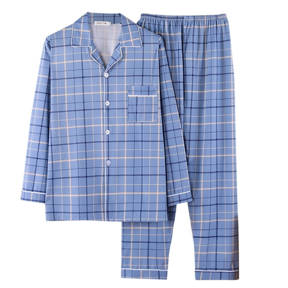 Mens Pajamas Casual Grid Printed Lapel V Neck Button Long Sleeve Long Pants Plus Size Fall Pjs