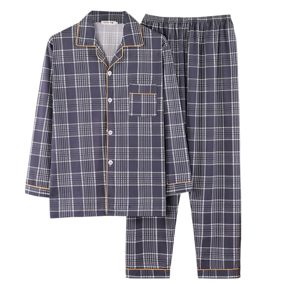 Mens Pajamas Casual Grid Printed Lapel V Neck Button Long Sleeve Long Pants Plus Size Fall Pjs