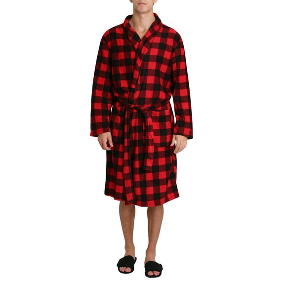 Mens Pajamas Jammies 3 Piece Robe Adjustable Slipper House Shoe Set Black Red Buffalo Check S/M