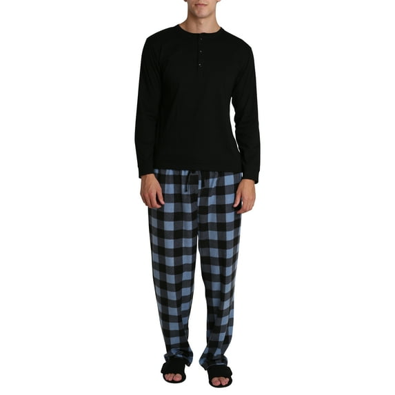 Mens Pajamas Jammies 4 Piece Long Sleeve Shirt Fleece Bottom Adjustable Slipper House Shoes Black Blue Check S