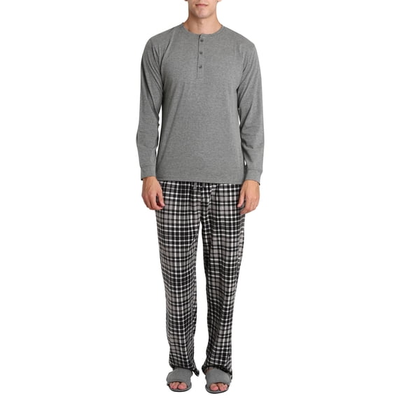 Mens Pajamas Jammies 4 Piece Long Sleeve Shirt Fleece Bottom Adjustable Slipper House Shoes Black Grey Manhattan Plaid XL