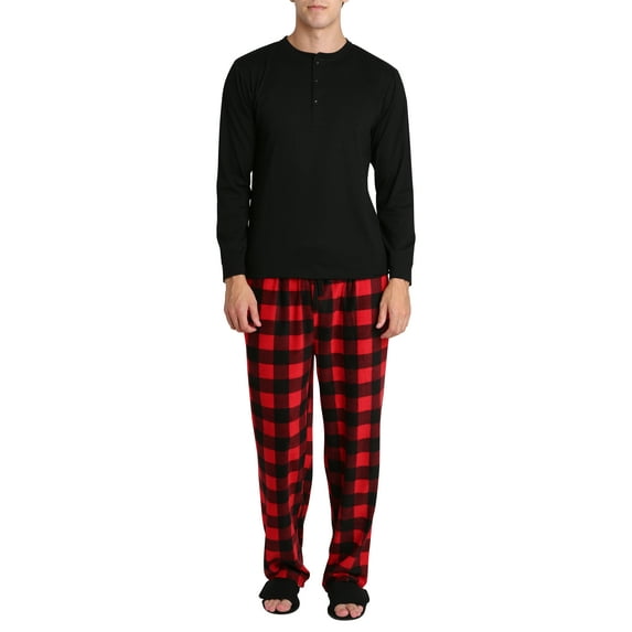 Mens Pajamas Jammies 4 Piece Long Sleeve Shirt Fleece Bottom Adjustable Slipper House Shoes Black Red Buffalo Check S